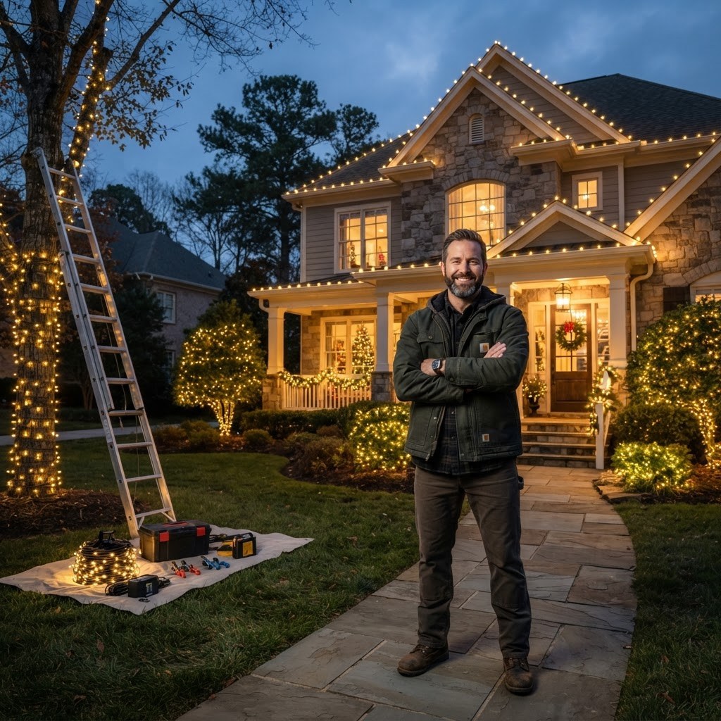 Christmas light business owner in front of a professionally illuminated home